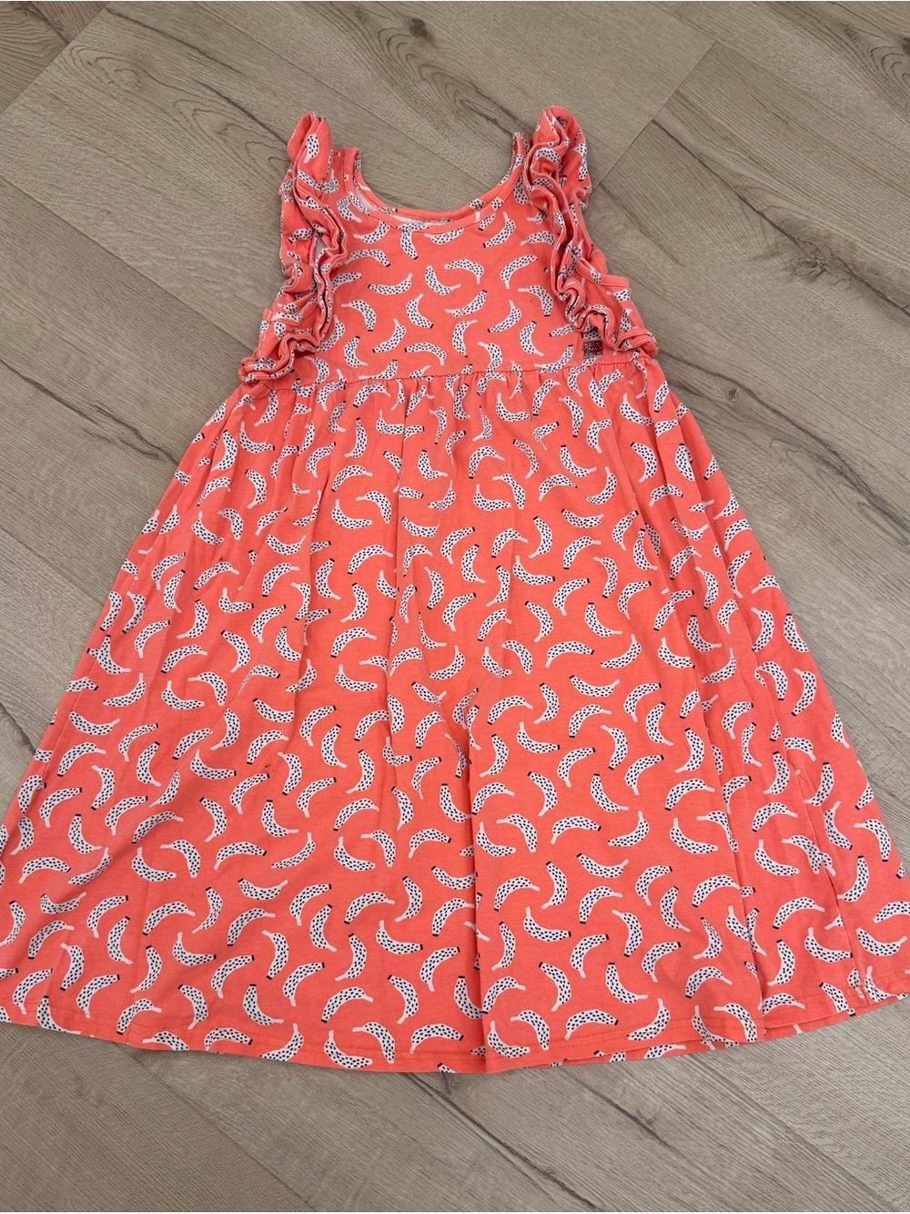 deux par deux Coral Pink Banana Print Ruffle Dress